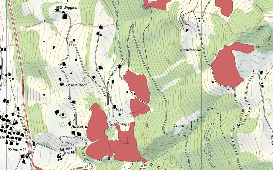 Carte nationale swisstopo avec le périmètre protégé de Innerrüteni (Prairie sèche)