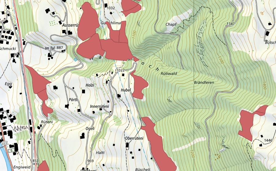 Landeskarte swisstopo mit dem Schutzperimeter von Innerrüteni (Trockenwiese)