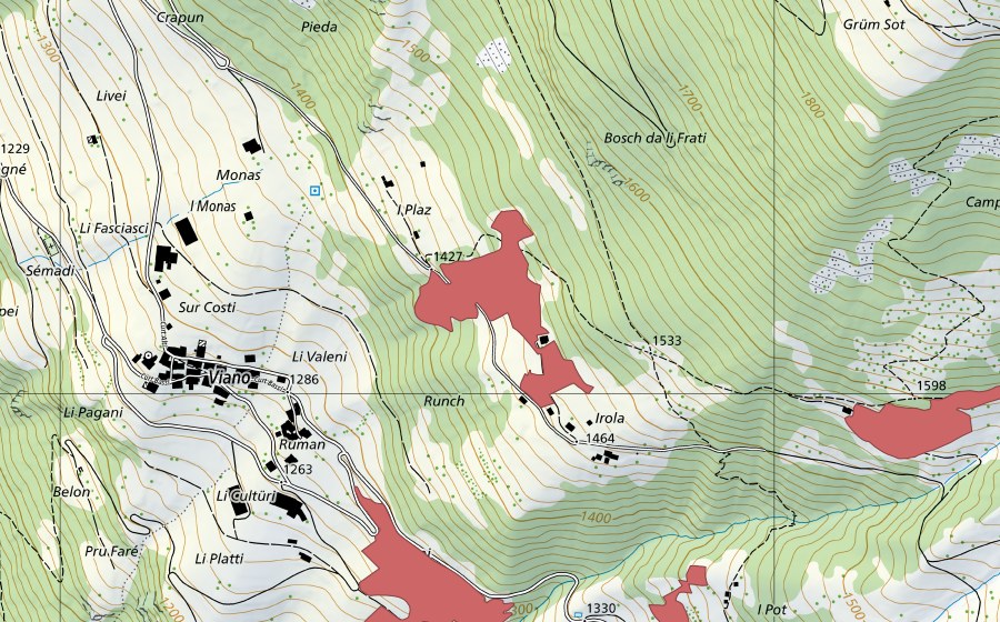 swisstopo national map showing the protected perimeter of Irola (Dry meadow)