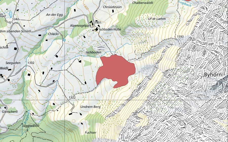 swisstopo national map showing the protected perimeter of Ischboden (Dry meadow)