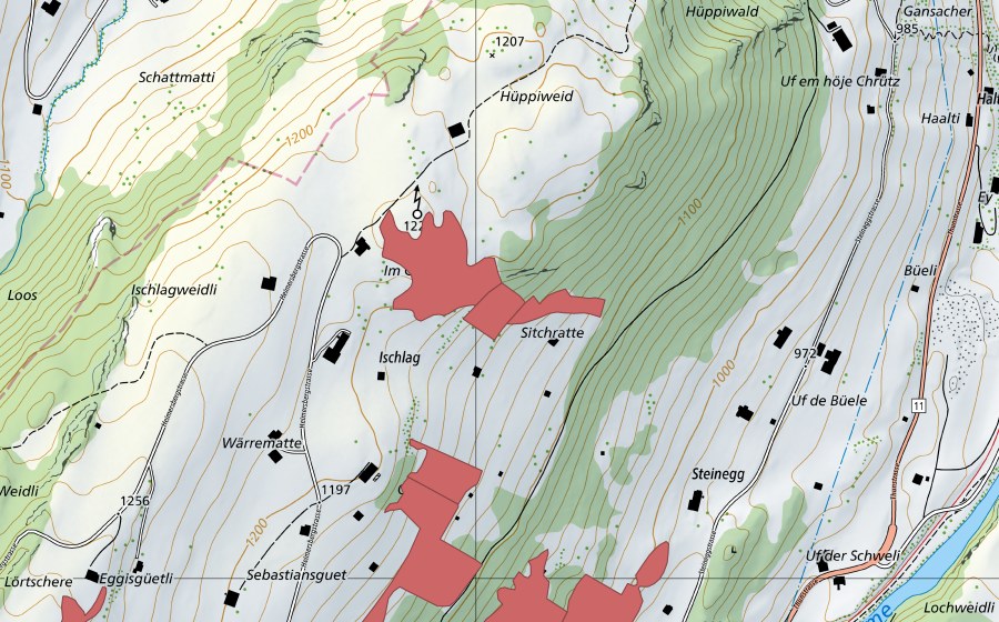 Carte nationale swisstopo avec le périmètre protégé de Ischlag (Prairie sèche)