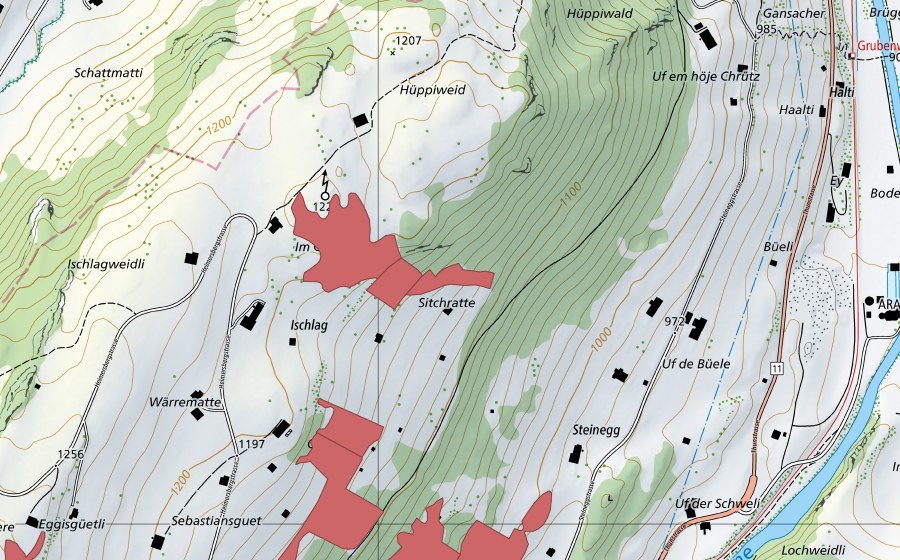 Landeskarte swisstopo mit dem Schutzperimeter von Ischlag (Trockenwiese)