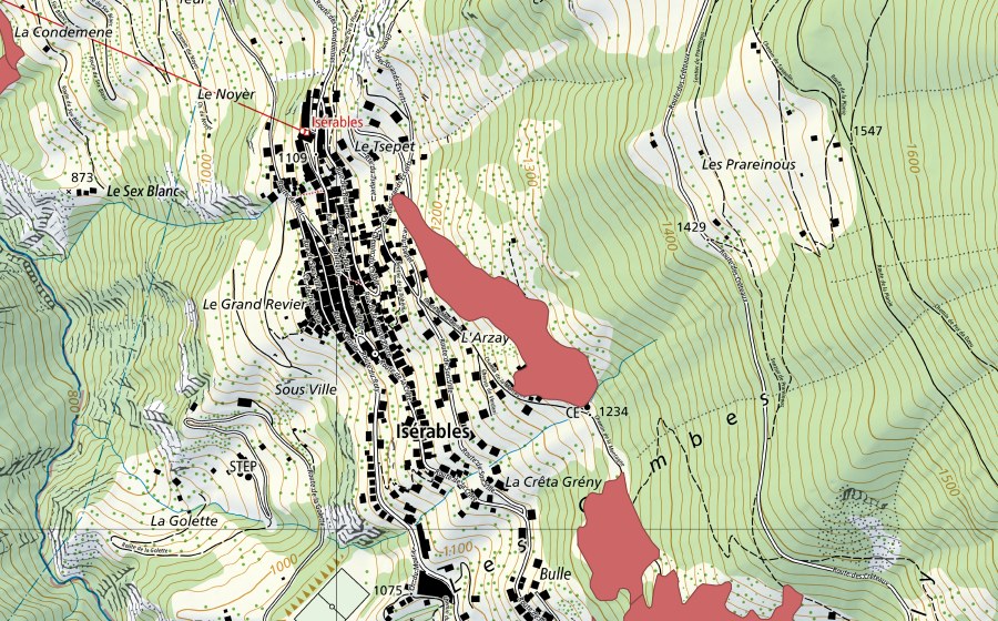 Landeskarte swisstopo mit dem Schutzperimeter von Isérables (Trockenwiese)