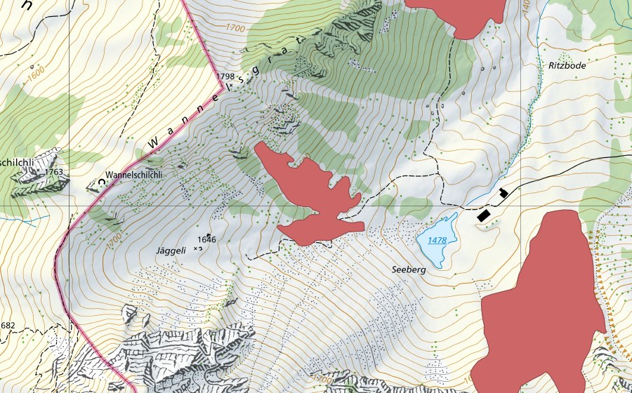 Landeskarte swisstopo mit dem Schutzperimeter von Jäggeli (Trockenwiese)