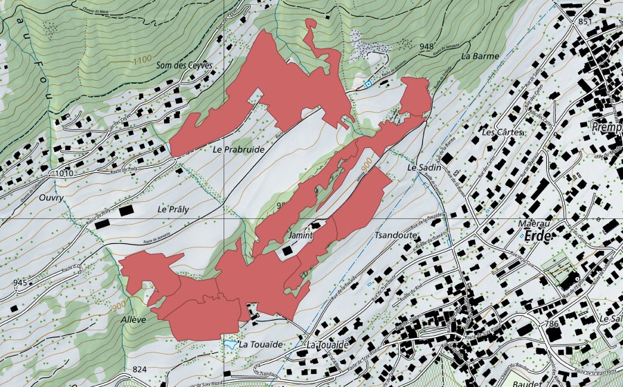 Carte nationale swisstopo avec le périmètre protégé de Jaminta (Prairie sèche)