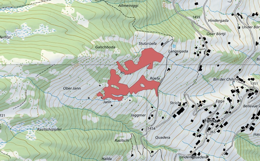 Landeskarte swisstopo mit dem Schutzperimeter von Jann (Trockenwiese)