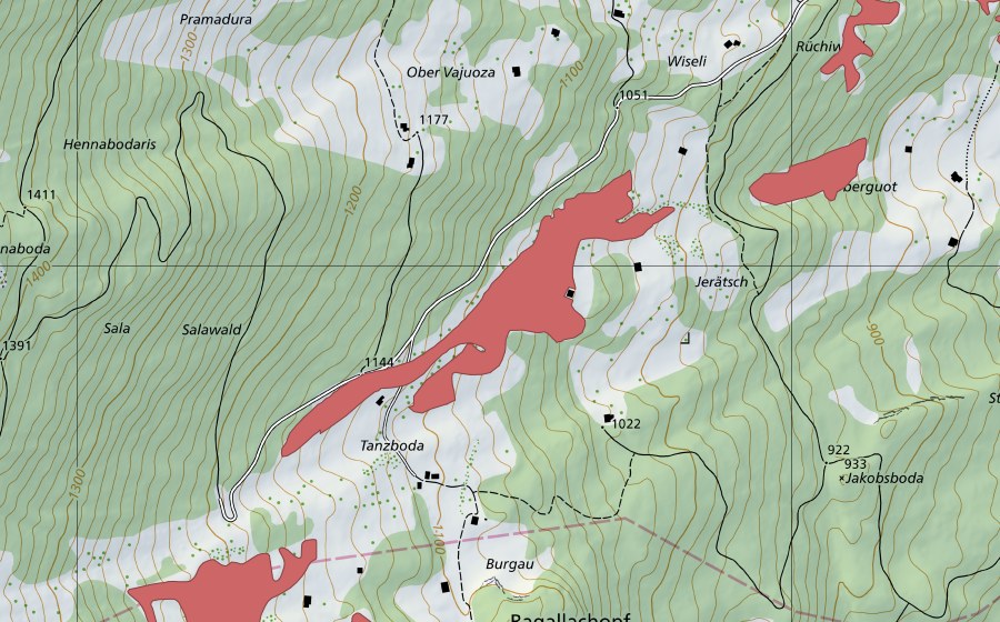 Landeskarte swisstopo mit dem Schutzperimeter von Jerätsch (Trockenwiese)