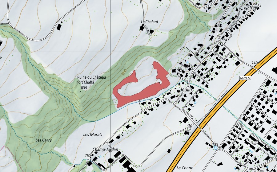Carte nationale swisstopo avec le périmètre protégé de Joulin (Prairie sèche)