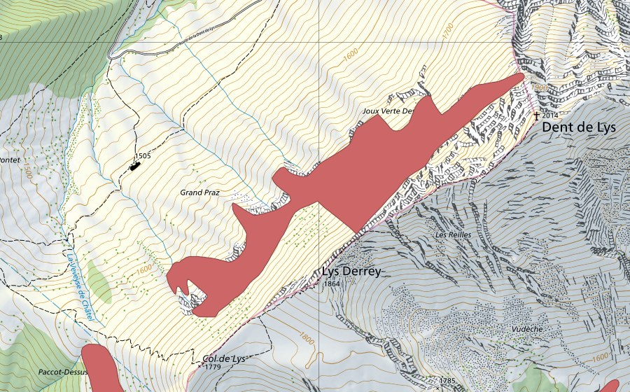 swisstopo national map showing the protected perimeter of Joux Verte Dessus (Dry meadow)