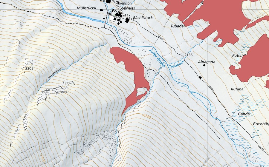Landeskarte swisstopo mit dem Schutzperimeter von Juferalpa (Trockenwiese)
