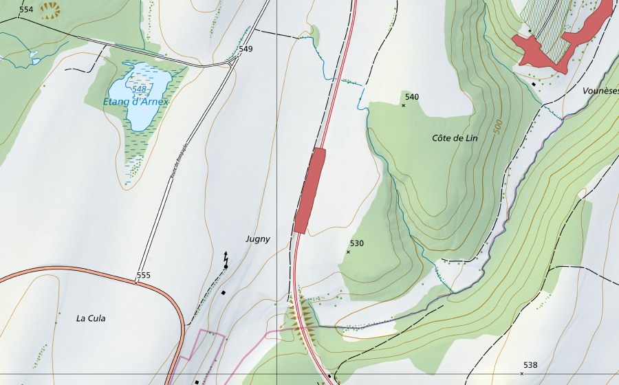 Carte nationale swisstopo avec le périmètre protégé de Jugny (Prairie sèche)