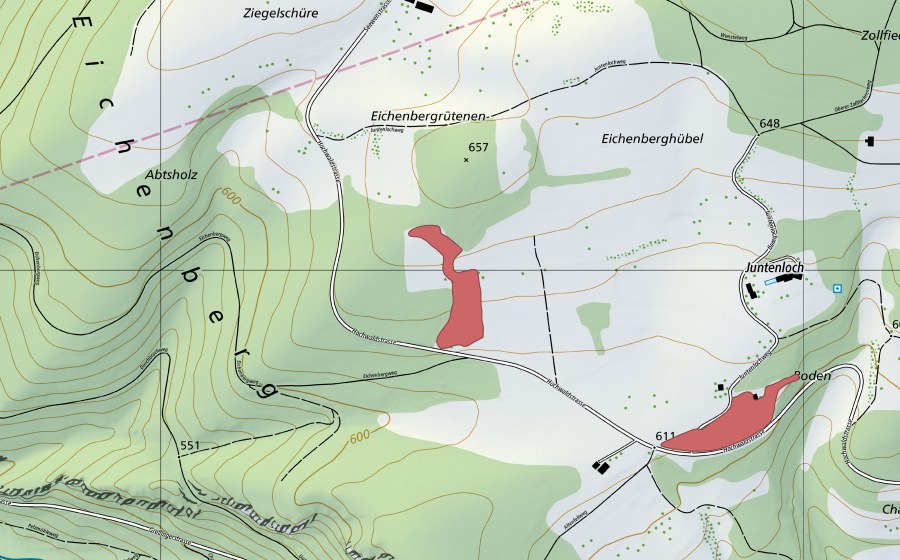 Carte nationale swisstopo avec le périmètre protégé de Juntenloch (Prairie sèche)