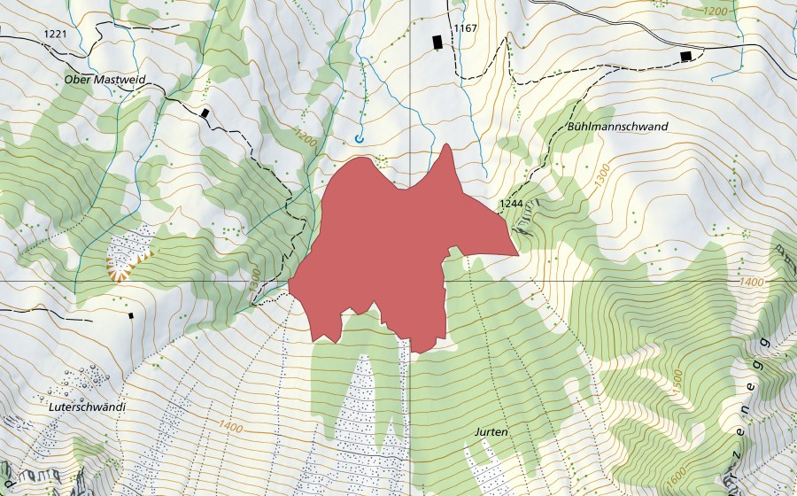 Landeskarte swisstopo mit dem Schutzperimeter von Jurteteuffi (Trockenwiese)