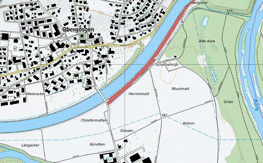 Carte nationale swisstopo avec le périmètre protégé de Kanalbord (Prairie sèche)
