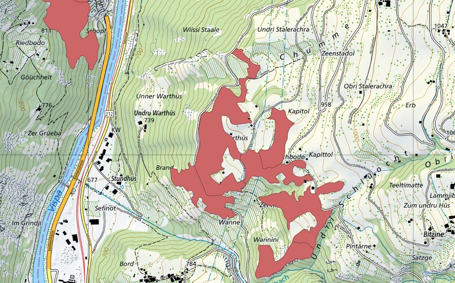 Carte nationale swisstopo avec le périmètre protégé de Kapittol (Prairie sèche)