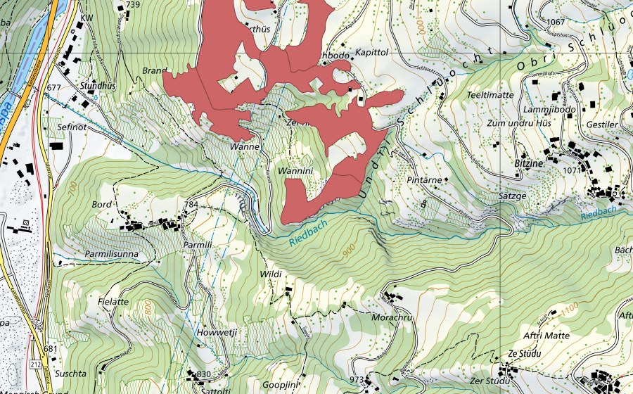 swisstopo national map showing the protected perimeter of Kapittol (Dry meadow)