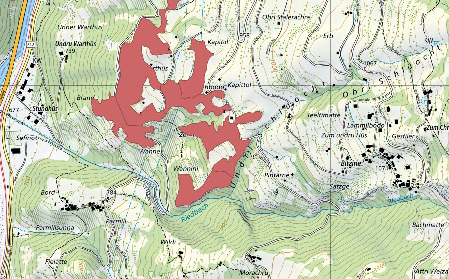 Landeskarte swisstopo mit dem Schutzperimeter von Kapittol (Trockenwiese)
