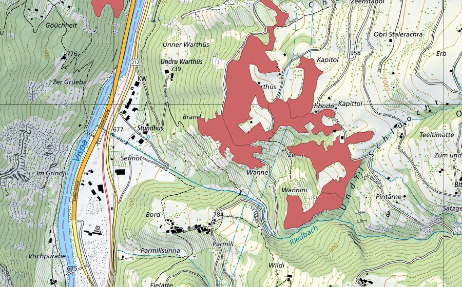 swisstopo national map showing the protected perimeter of Kapittol (Dry meadow)