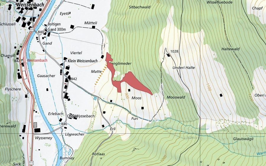 swisstopo national map showing the protected perimeter of Klein Weissenbach (Dry meadow)