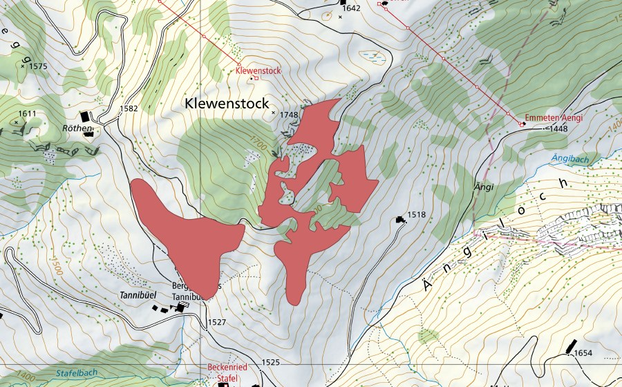 swisstopo national map showing the protected perimeter of Klewenstock (Dry meadow)