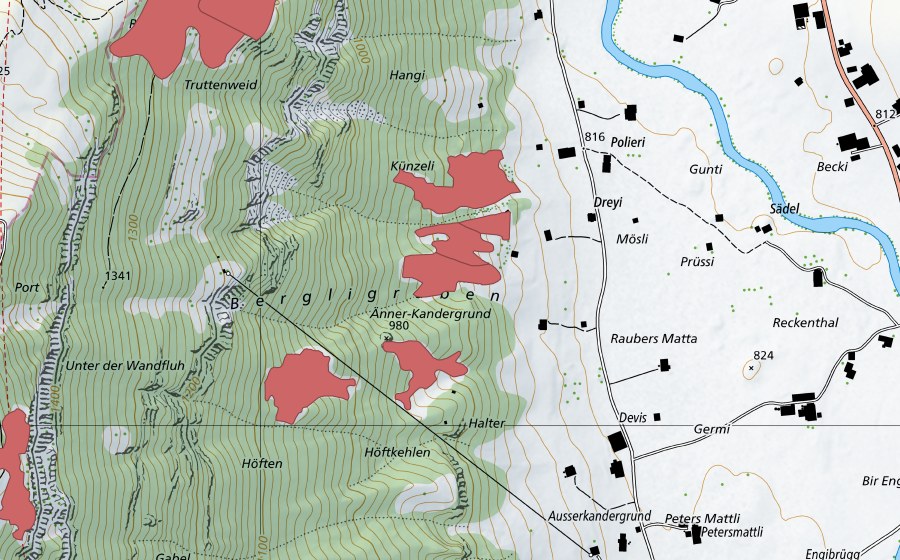 swisstopo national map showing the protected perimeter of Küenzeli (Dry meadow)