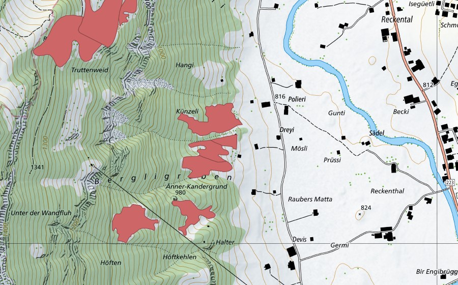 Carte nationale swisstopo avec le périmètre protégé de Küenzeli (Prairie sèche)