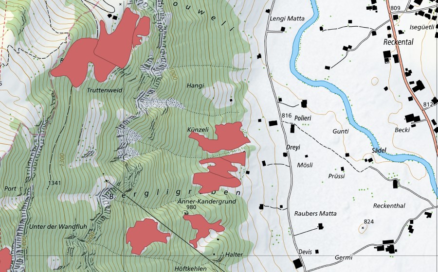 Carte nationale swisstopo avec le périmètre protégé de Küenzeli (Prairie sèche)