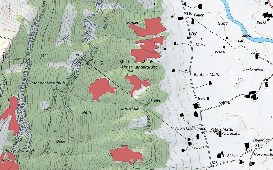 Carte nationale swisstopo avec le périmètre protégé de Küenzeli (Prairie sèche)