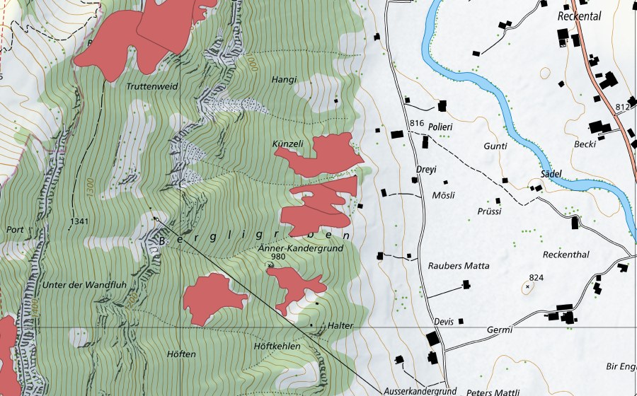 swisstopo national map showing the protected perimeter of Küenzeli (Dry meadow)