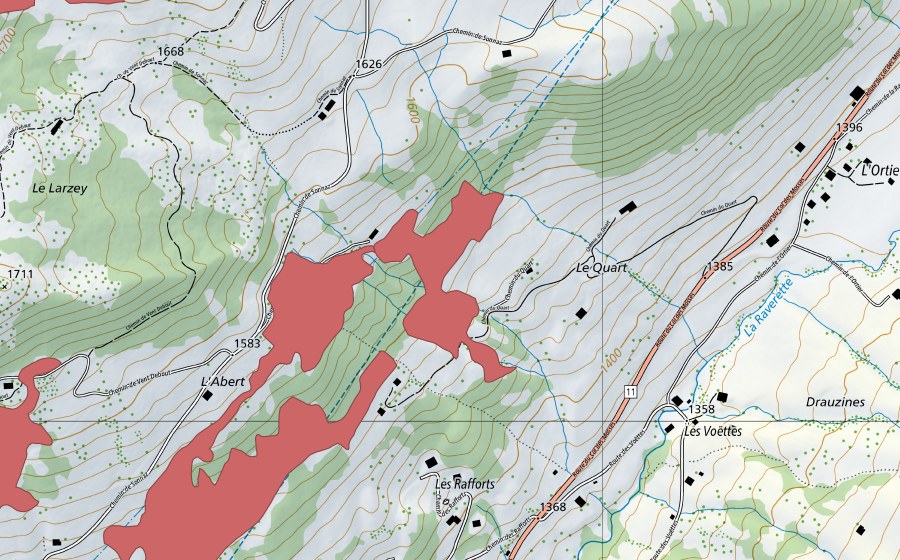 swisstopo national map showing the protected perimeter of L'Abert (Dry meadow)
