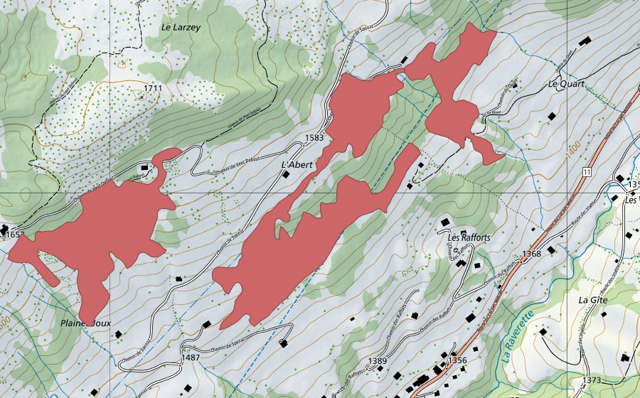 Carte nationale swisstopo avec le périmètre protégé de L'Abert (Prairie sèche)