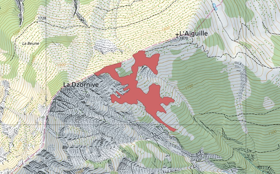 Landeskarte swisstopo mit dem Schutzperimeter von L'Aiguille (Trockenwiese)