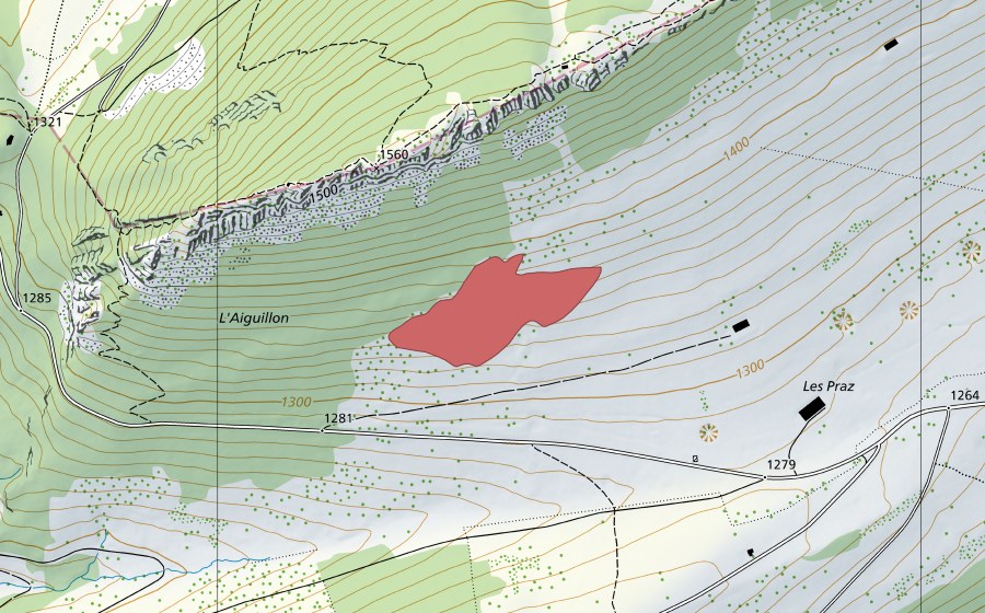 Carte nationale swisstopo avec le périmètre protégé de L'Aiguillon (Prairie sèche)