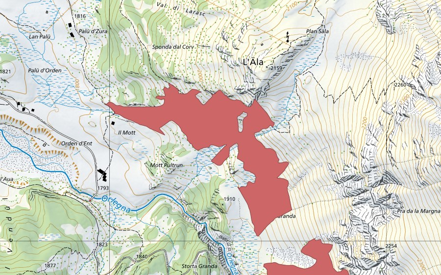 swisstopo national map showing the protected perimeter of L'Äla (Dry meadow)