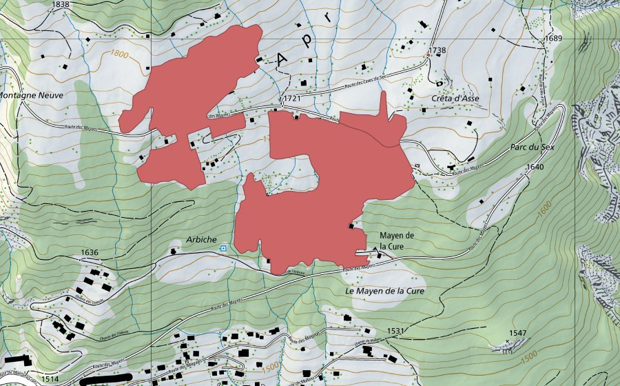 swisstopo national map showing the protected perimeter of L'Aprîli (Dry meadow)