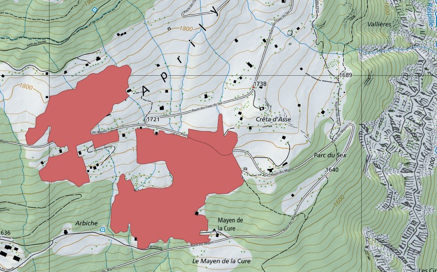 swisstopo national map showing the protected perimeter of L'Aprîli (Dry meadow)