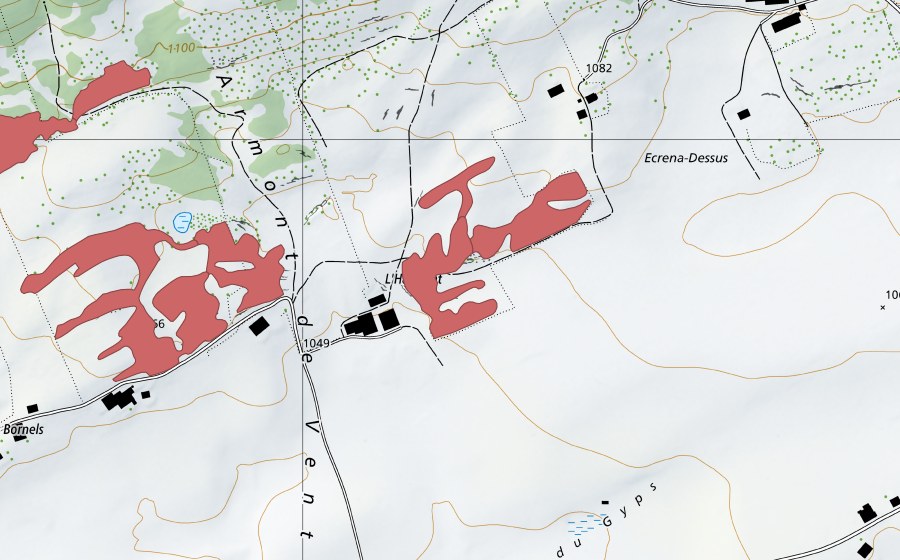 Landeskarte swisstopo mit dem Schutzperimeter von L'Armont de Vent (Trockenwiese)