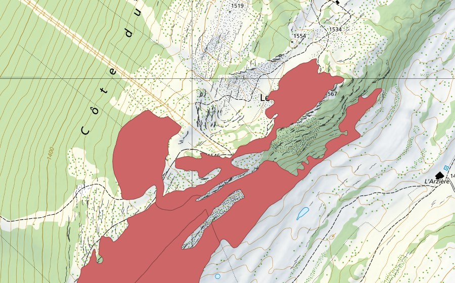 swisstopo national map showing the protected perimeter of L'Arzière (Dry meadow)