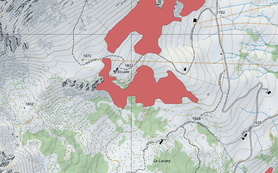Carte nationale swisstopo avec le périmètre protégé de L'Ecuale (Prairie sèche)