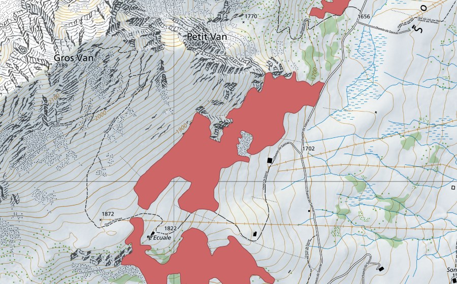 Carte nationale swisstopo avec le périmètre protégé de L'Ecuale (Prairie sèche)