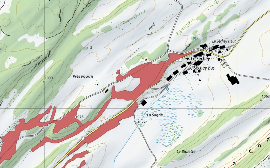 Carte nationale swisstopo avec le périmètre protégé de L'Etang (Prairie sèche)