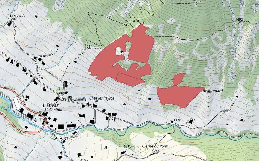 Carte nationale swisstopo avec le périmètre protégé de L'Etivaz (Prairie sèche)