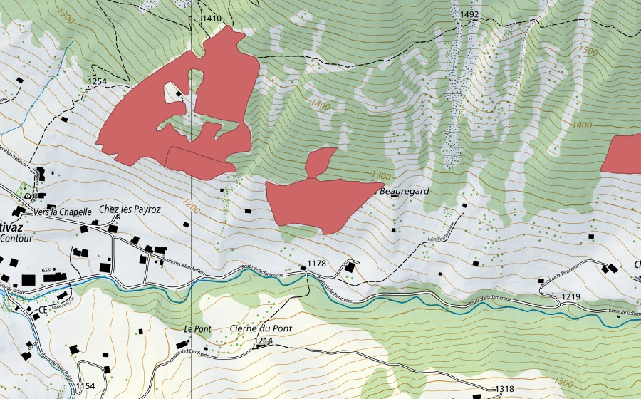 swisstopo national map showing the protected perimeter of L'Etivaz (Dry meadow)
