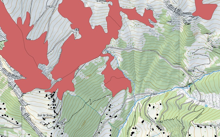 Carte nationale swisstopo avec le périmètre protégé de L'Infloria (Prairie sèche)
