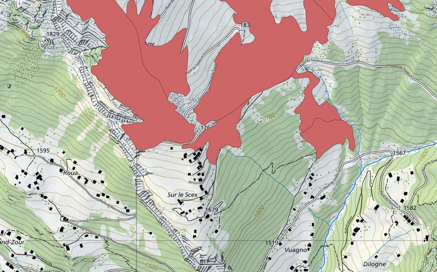 Carte nationale swisstopo avec le périmètre protégé de L'Infloria (Prairie sèche)