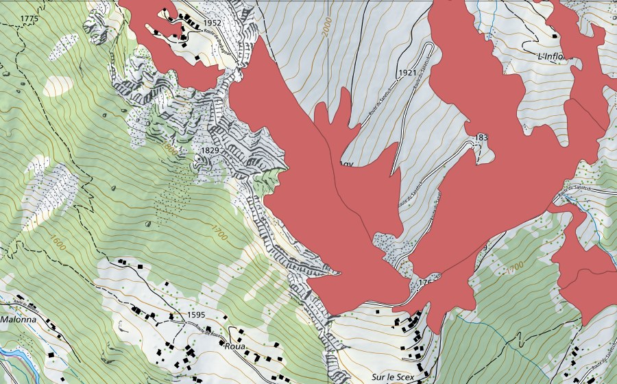 Landeskarte swisstopo mit dem Schutzperimeter von L'Infloria (Trockenwiese)