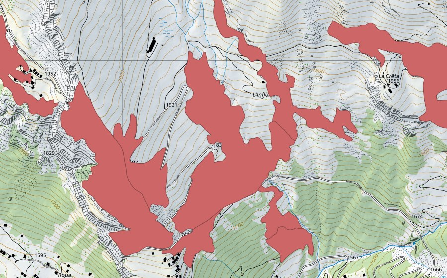 Carte nationale swisstopo avec le périmètre protégé de L'Infloria (Prairie sèche)
