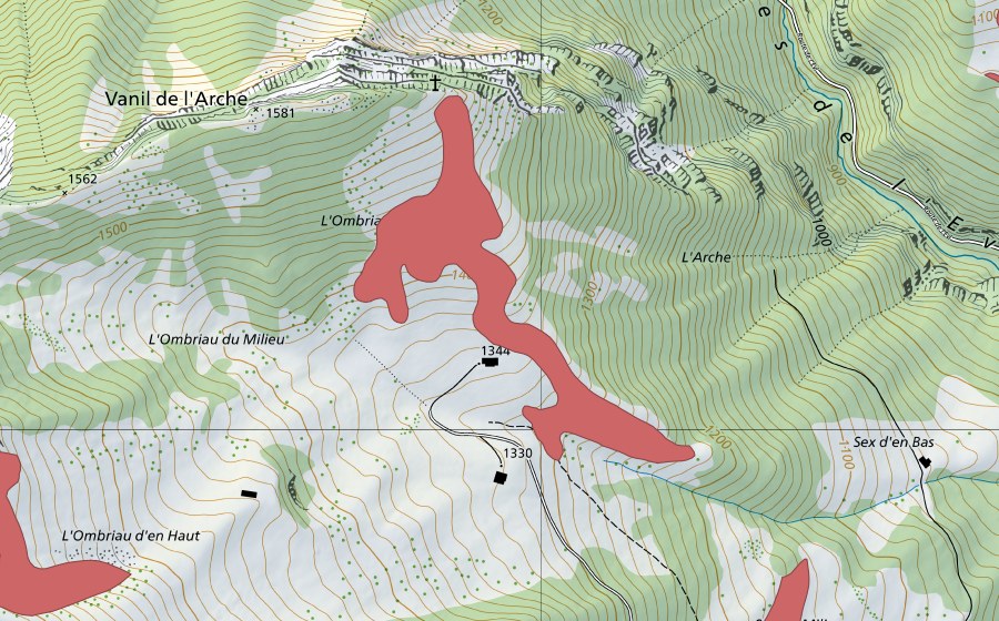 swisstopo national map showing the protected perimeter of L'Ombriau d'en Bas (Dry meadow)