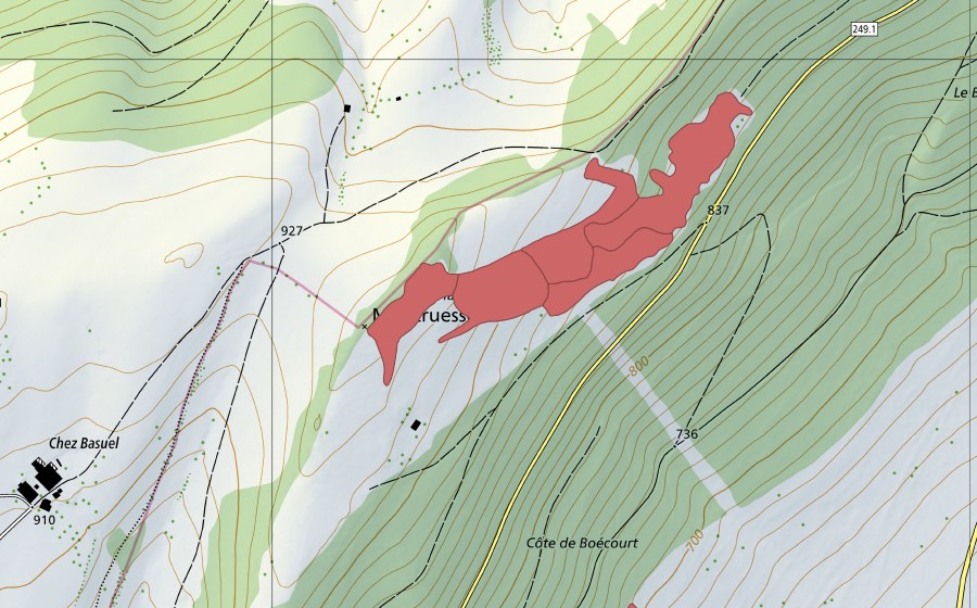 Carte nationale swisstopo avec le périmètre protégé de L'Ordon (Prairie sèche)