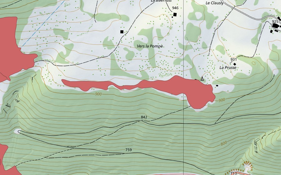 Landeskarte swisstopo mit dem Schutzperimeter von La Baruche (Trockenwiese)